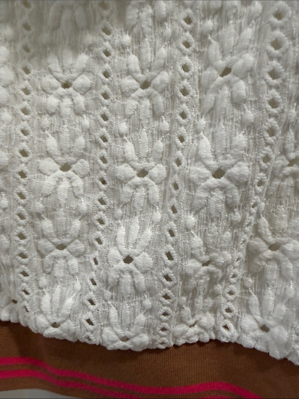Anthropologie Maeve White Eyelet Knit Top with Tan & Pink Trim - Picture 6 of 7